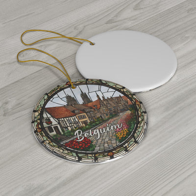 Belgium Ornament, Faux Stained Ornament, Vacation Gift, Ceramic Christmas Tree Ornament, Honeymoon Vacay Travel, Keepsake Gift
