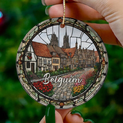 Belgium Ornament, Faux Stained Ornament, Vacation Gift, Ceramic Christmas Tree Ornament, Honeymoon Vacay Travel, Keepsake Gift