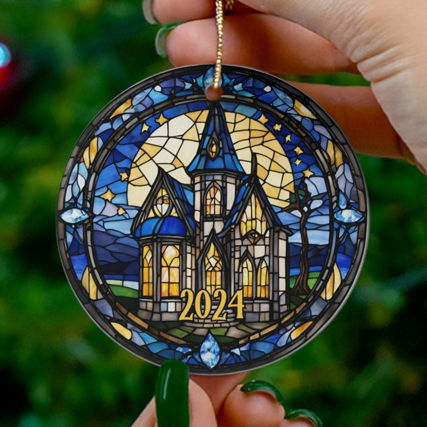 Halloween Ornament, Cute Spooky Haunted House Faux-Stained Glass Ornament, Fall Holiday Tree Ornaments, Keepsake Gifts