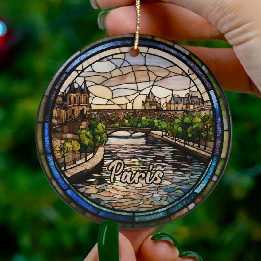 Paris Ornament, Travel Gift, Faux Stained Glass, France Seine River Keepsake Souvenir