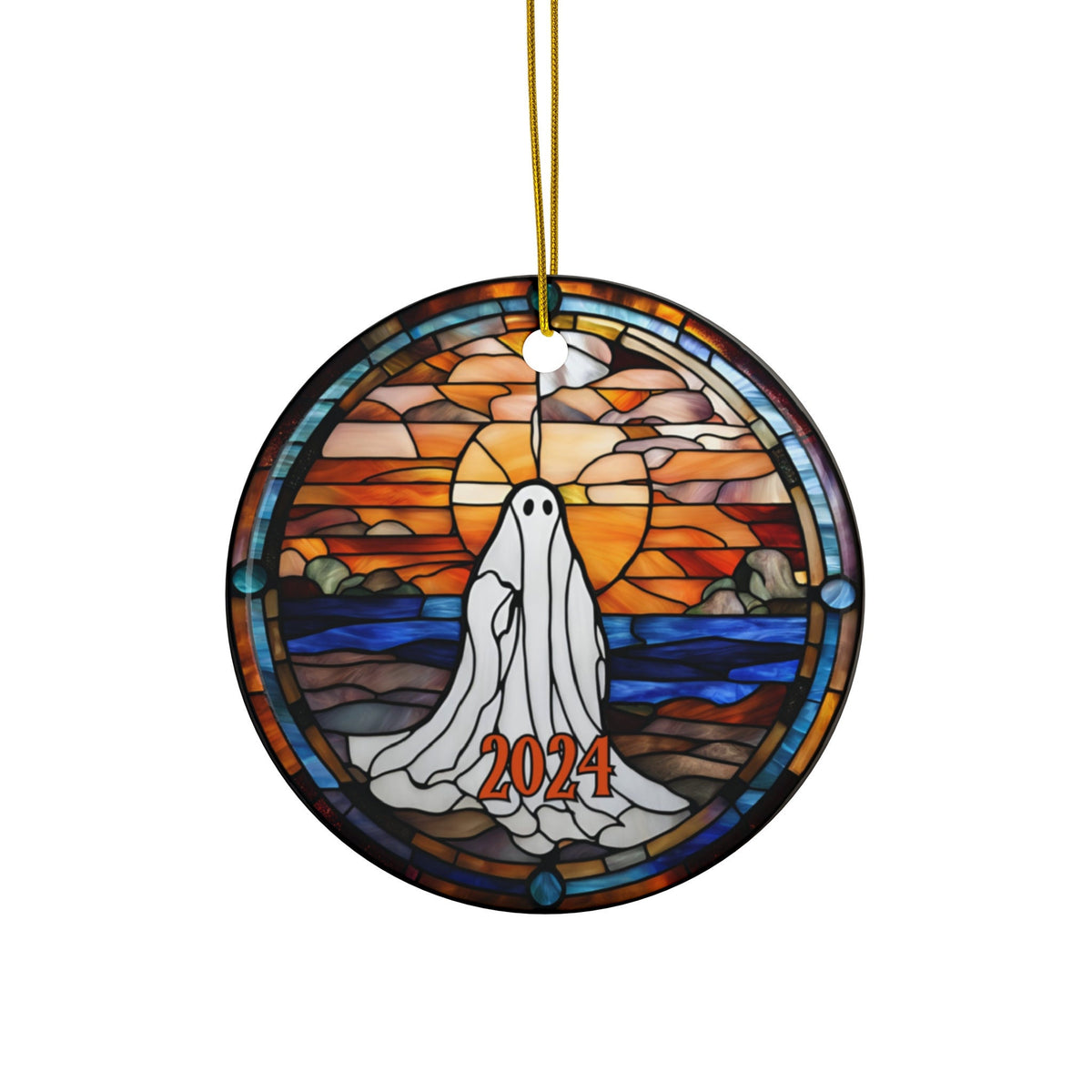 Halloween Ornament, Cute Spooky Sunset Ghost Faux-Stained Glass Ornament, Fall Holiday Tree Ornaments, Keepsake Gifts