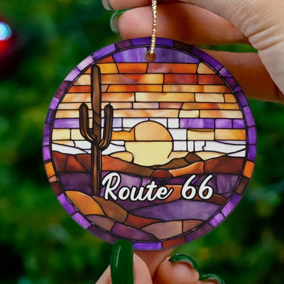 Route 66 Ornament, Faux Stained Glass, Christmas Tree Ornament, Holiday Ornament, Vacation Keepsake Souvenir Gift, Ceramic Ornament