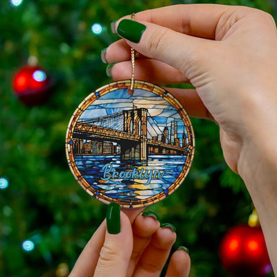 Brooklyn Ornament, Faux Stained Glass New York Ornament, Vacation Gift, Ceramic Christmas Tree Ornament, Honeymoon Vacay Travel Gift