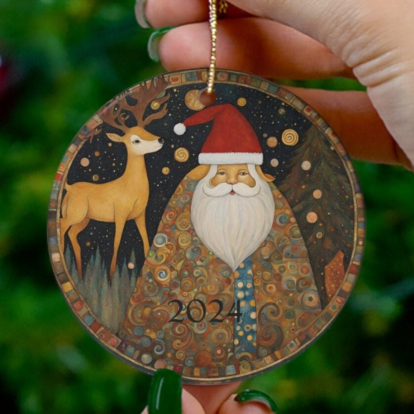 2024 Christmas Ornament, Dated Christmas Tree Santa Claus, Ceramic Ornament, Forest Deer Family Gift Stocking Stuffers