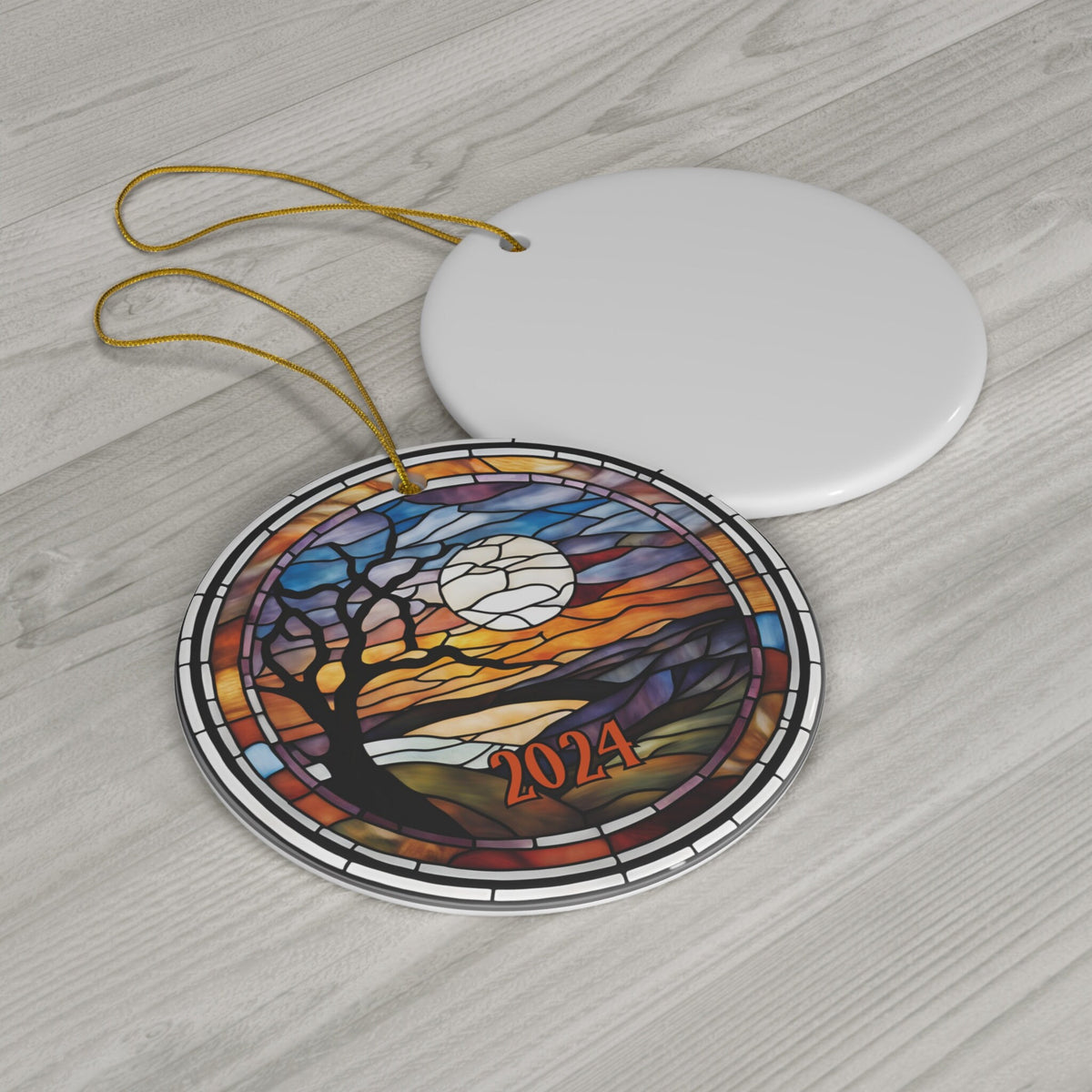 Halloween Ornament, Cute Spooky Orange Sunset Tree Faux-Stained Glass Ornament, Fall Holiday Tree Ornaments, Keepsake Gifts