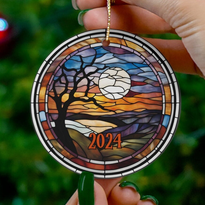 Halloween Ornament, Cute Spooky Orange Sunset Tree Faux-Stained Glass Ornament, Fall Holiday Tree Ornaments, Keepsake Gifts