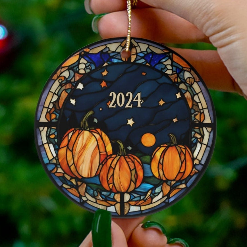 Halloween Ornament, Cute Spooky Pumpkins Night Sky Faux-Stained Glass Ornament, Fall Holiday Tree Ornaments, Keepsake Gifts