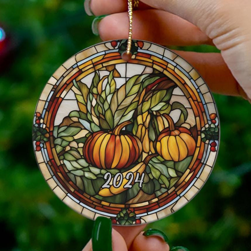 Thanksgiving Ornament, 2024 Tree Ornament, Holiday Ornament, Faux Stained Glass Vacation Keepsake Souvenir Gift, Ceramic Ornament