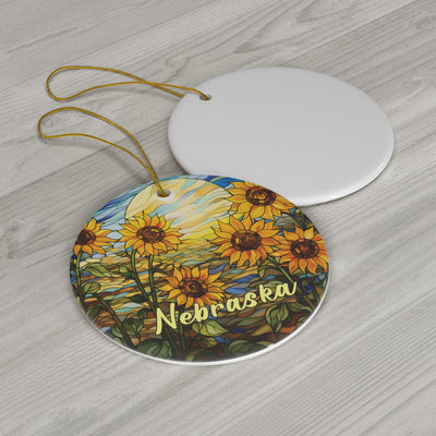 Nebraska Ornament, Faux Stained Glass Ornament, Travel Gift, Round Sunflower Ceramic Heirloom Keepsake Gift