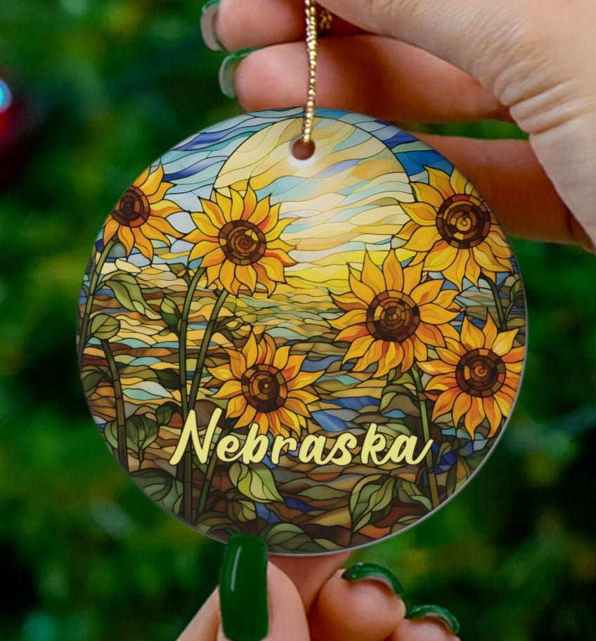 Nebraska Ornament, Faux Stained Glass Ornament, Travel Gift, Round Sunflower Ceramic Heirloom Keepsake Gift