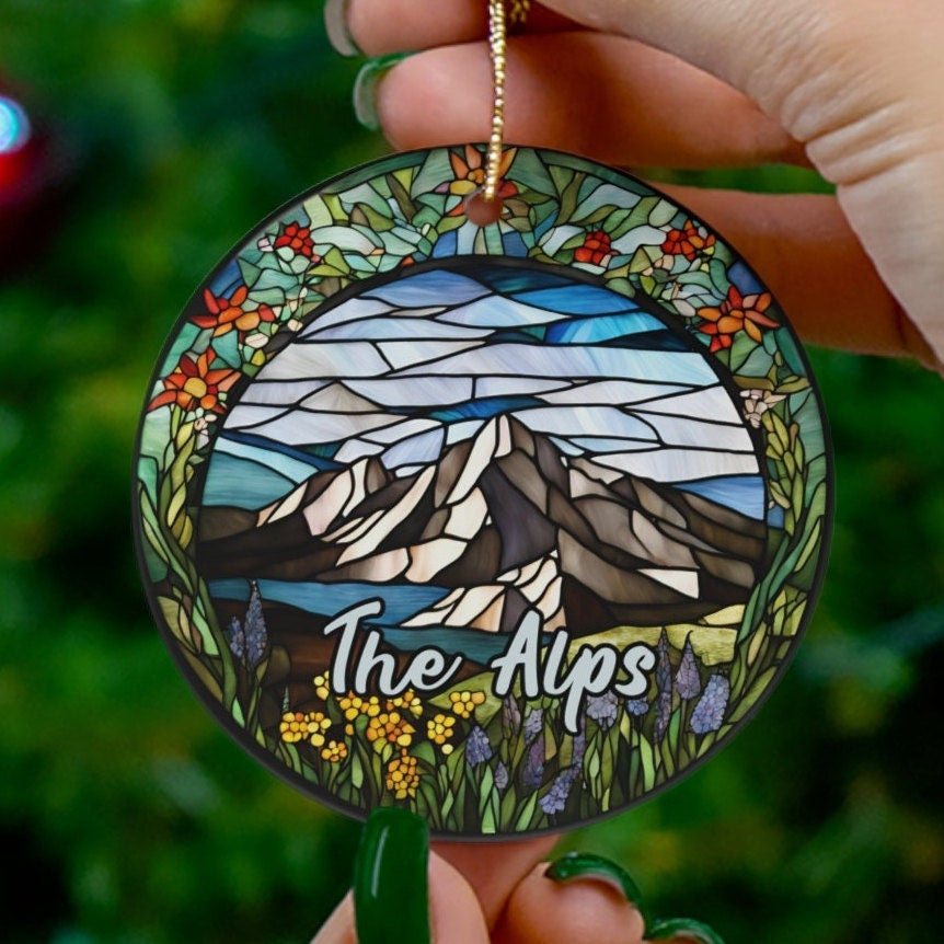 The Alps Ornament, Travel Gift, Faux Stained Glass Keepsake Souvenir Switzerland France Italy