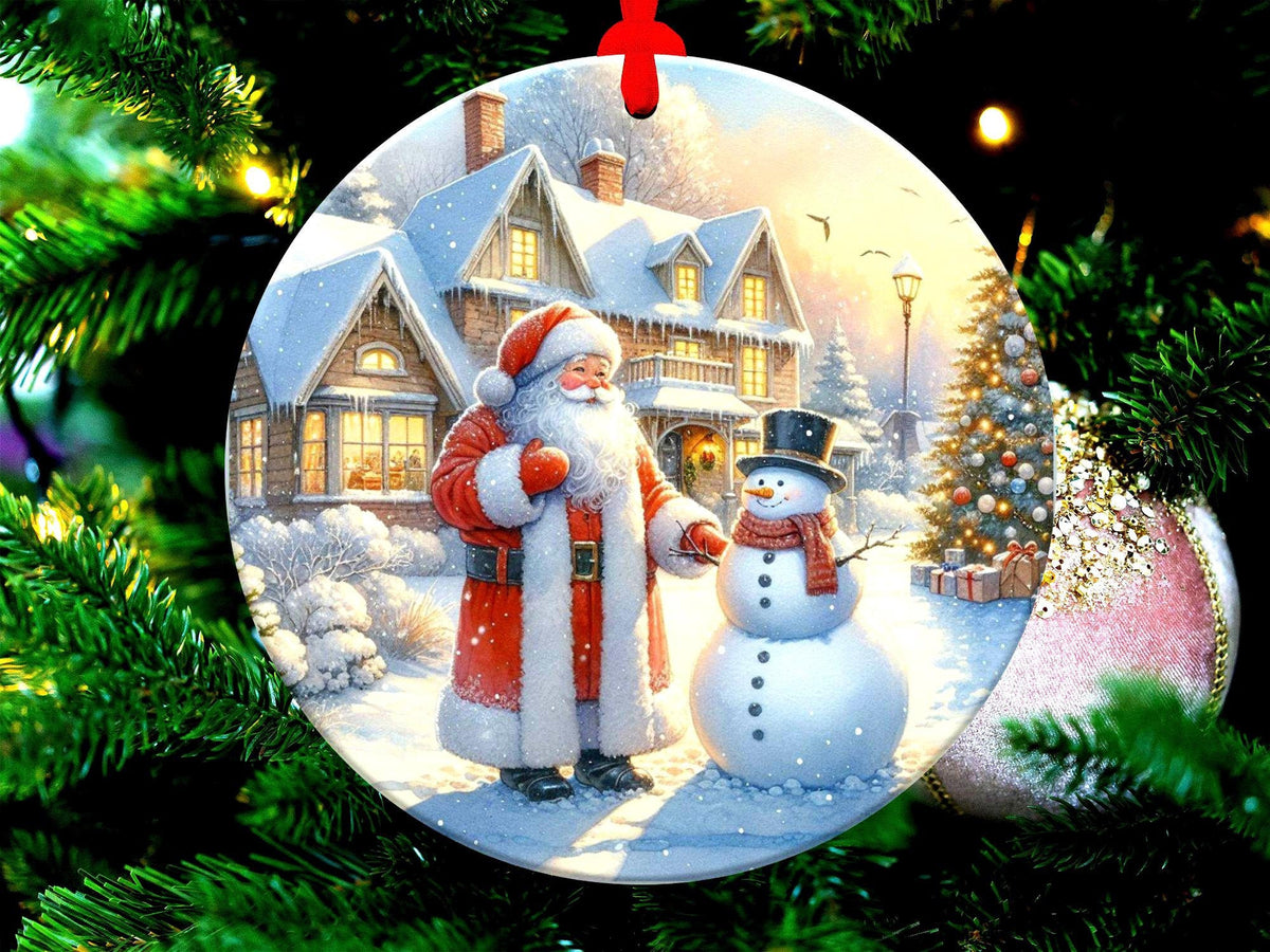 Christmas Ornament Santa And Snowman Holiday Decor Festive Christmas House Scene Christmas Tree Winter Wonderland Gift, Gift Exchange
