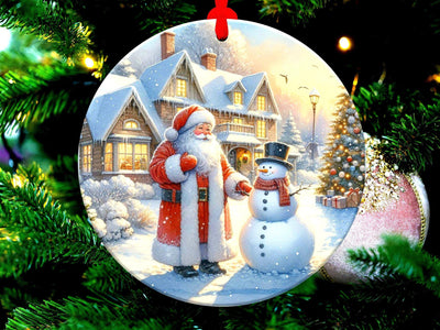Christmas Ornament Santa And Snowman Holiday Decor Festive Christmas House Scene Christmas Tree Winter Wonderland Gift, Gift Exchange