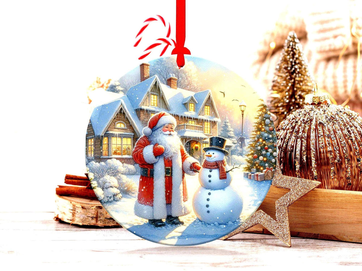 Christmas Ornament Santa And Snowman Holiday Decor Festive Christmas House Scene Christmas Tree Winter Wonderland Gift, Gift Exchange