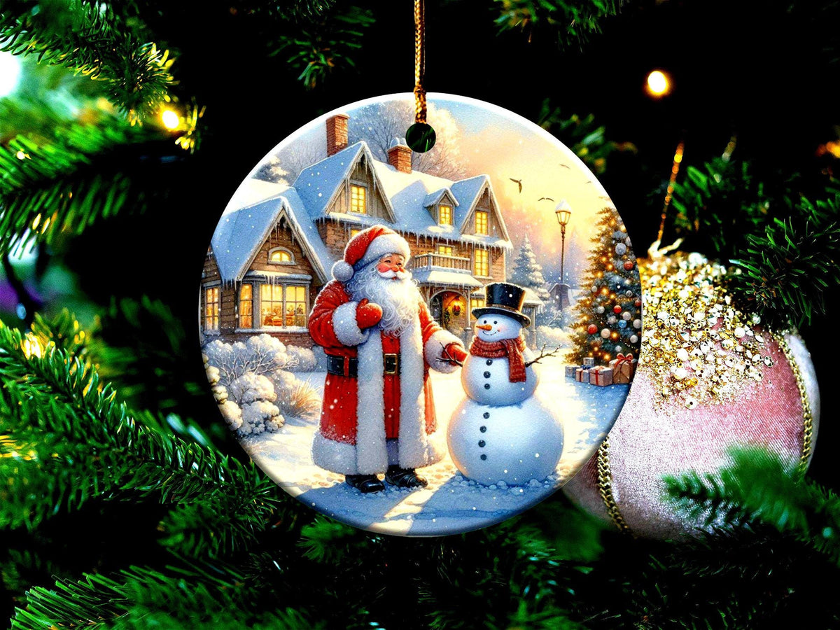 Christmas Ornament Santa And Snowman Holiday Decor Festive Christmas House Scene Christmas Tree Winter Wonderland Gift, Gift Exchange