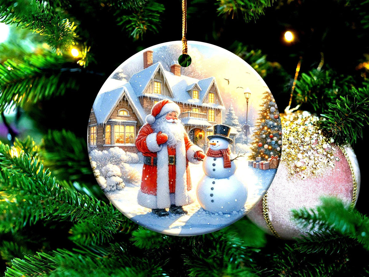 Christmas Ornament Santa And Snowman Holiday Decor Festive Christmas House Scene Christmas Tree Winter Wonderland Gift, Gift Exchange