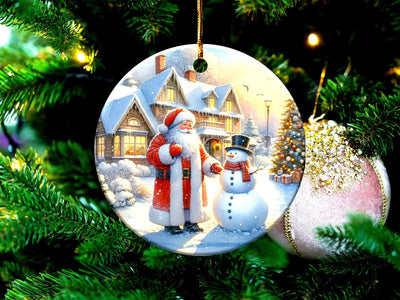 Christmas Ornament Santa And Snowman Holiday Decor Festive Christmas House Scene Christmas Tree Winter Wonderland Gift, Gift Exchange