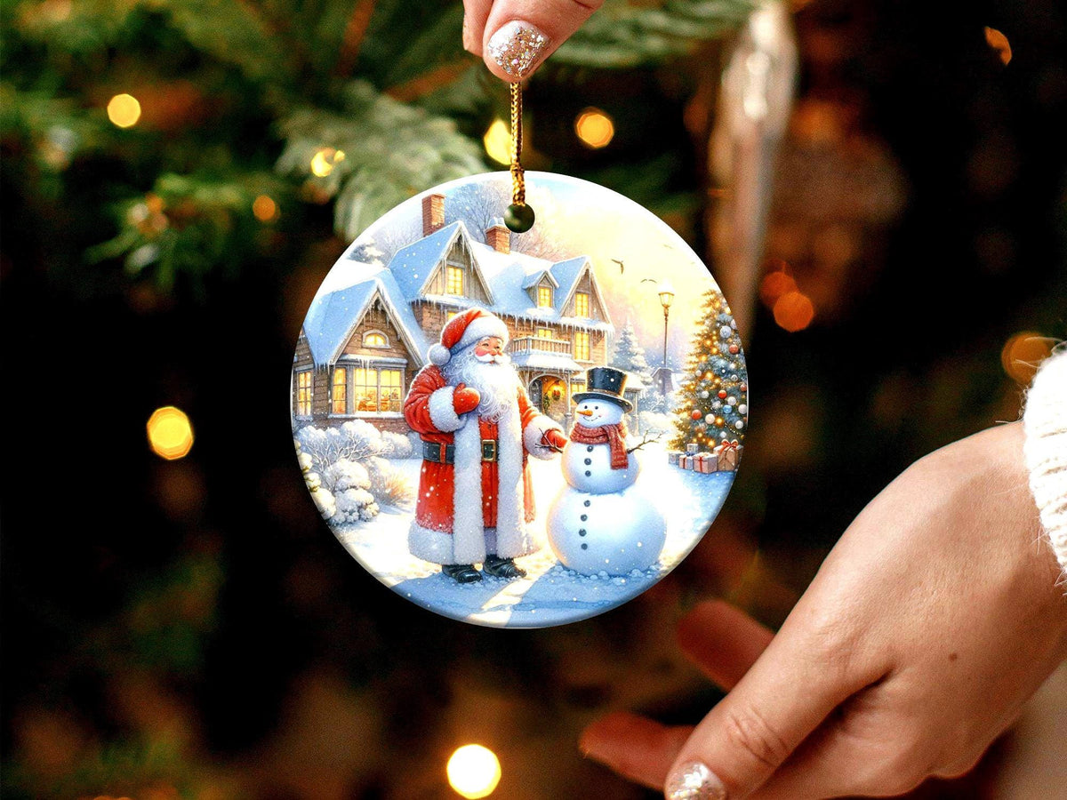 Christmas Ornament Santa And Snowman Holiday Decor Festive Christmas House Scene Christmas Tree Winter Wonderland Gift, Gift Exchange