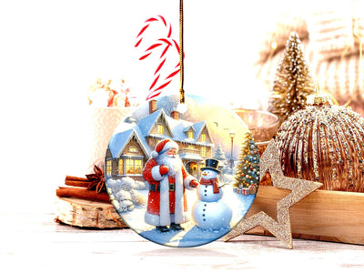 Christmas Ornament Santa And Snowman Holiday Decor Festive Christmas House Scene Christmas Tree Winter Wonderland Gift, Gift Exchange