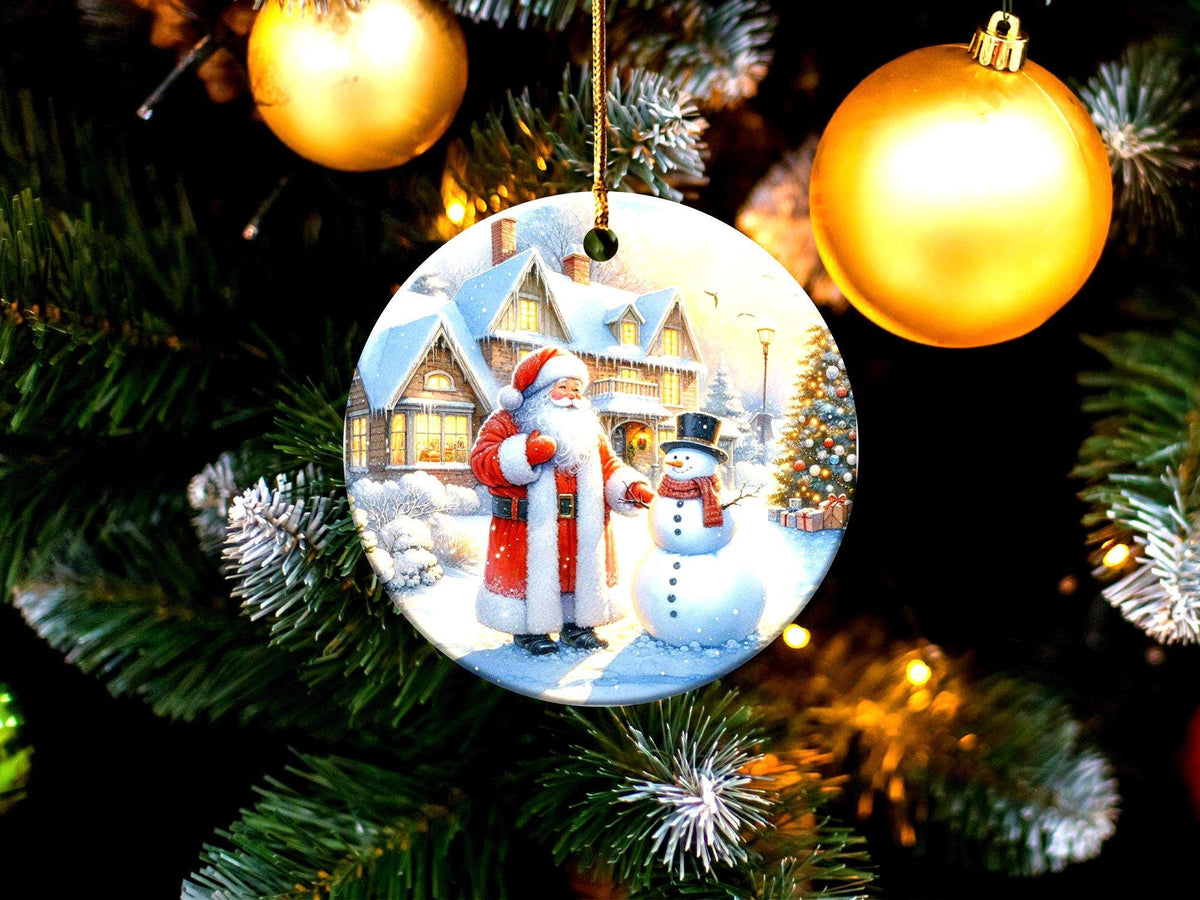 Christmas Ornament Santa And Snowman Holiday Decor Festive Christmas House Scene Christmas Tree Winter Wonderland Gift, Gift Exchange