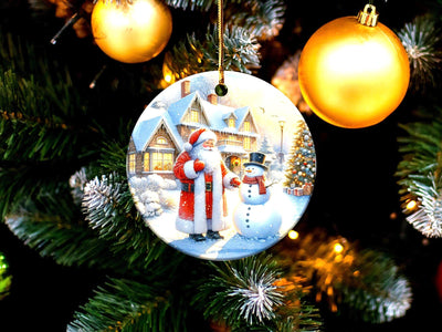 Christmas Ornament Santa And Snowman Holiday Decor Festive Christmas House Scene Christmas Tree Winter Wonderland Gift, Gift Exchange