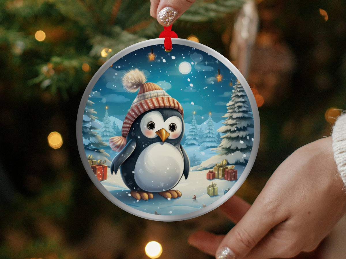 Christmas 2023 Ornament, Christmas Decoration, Holiday Gift Idea, Heirloom Keepsake, Round Ceramic, Gift Exchange, Gift Idea, Baby Penguin