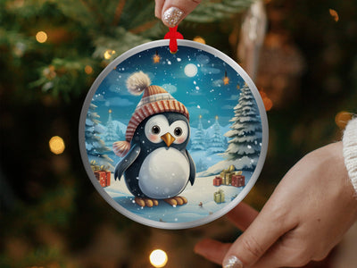 Christmas 2023 Ornament, Christmas Decoration, Holiday Gift Idea, Heirloom Keepsake, Round Ceramic, Gift Exchange, Gift Idea, Baby Penguin