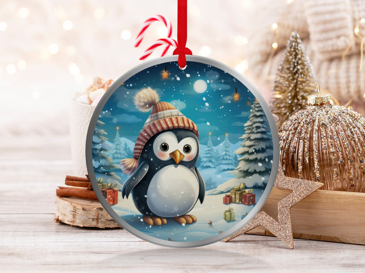Christmas 2023 Ornament, Christmas Decoration, Holiday Gift Idea, Heirloom Keepsake, Round Ceramic, Gift Exchange, Gift Idea, Baby Penguin