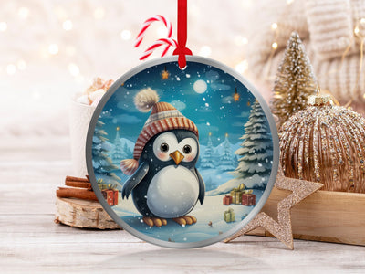Christmas 2023 Ornament, Christmas Decoration, Holiday Gift Idea, Heirloom Keepsake, Round Ceramic, Gift Exchange, Gift Idea, Baby Penguin