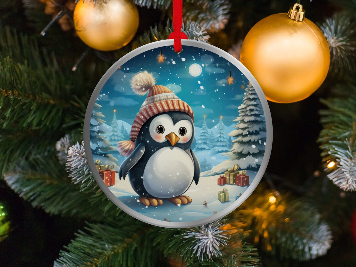 Christmas 2023 Ornament, Christmas Decoration, Holiday Gift Idea, Heirloom Keepsake, Round Ceramic, Gift Exchange, Gift Idea, Baby Penguin