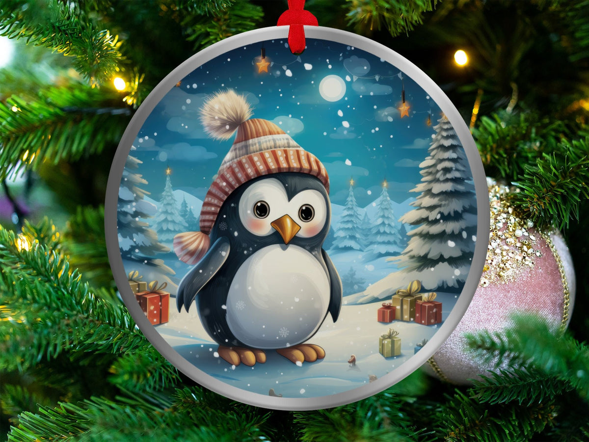 Christmas 2023 Ornament, Christmas Decoration, Holiday Gift Idea, Heirloom Keepsake, Round Ceramic, Gift Exchange, Gift Idea, Baby Penguin
