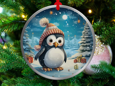 Christmas 2023 Ornament, Christmas Decoration, Holiday Gift Idea, Heirloom Keepsake, Round Ceramic, Gift Exchange, Gift Idea, Baby Penguin