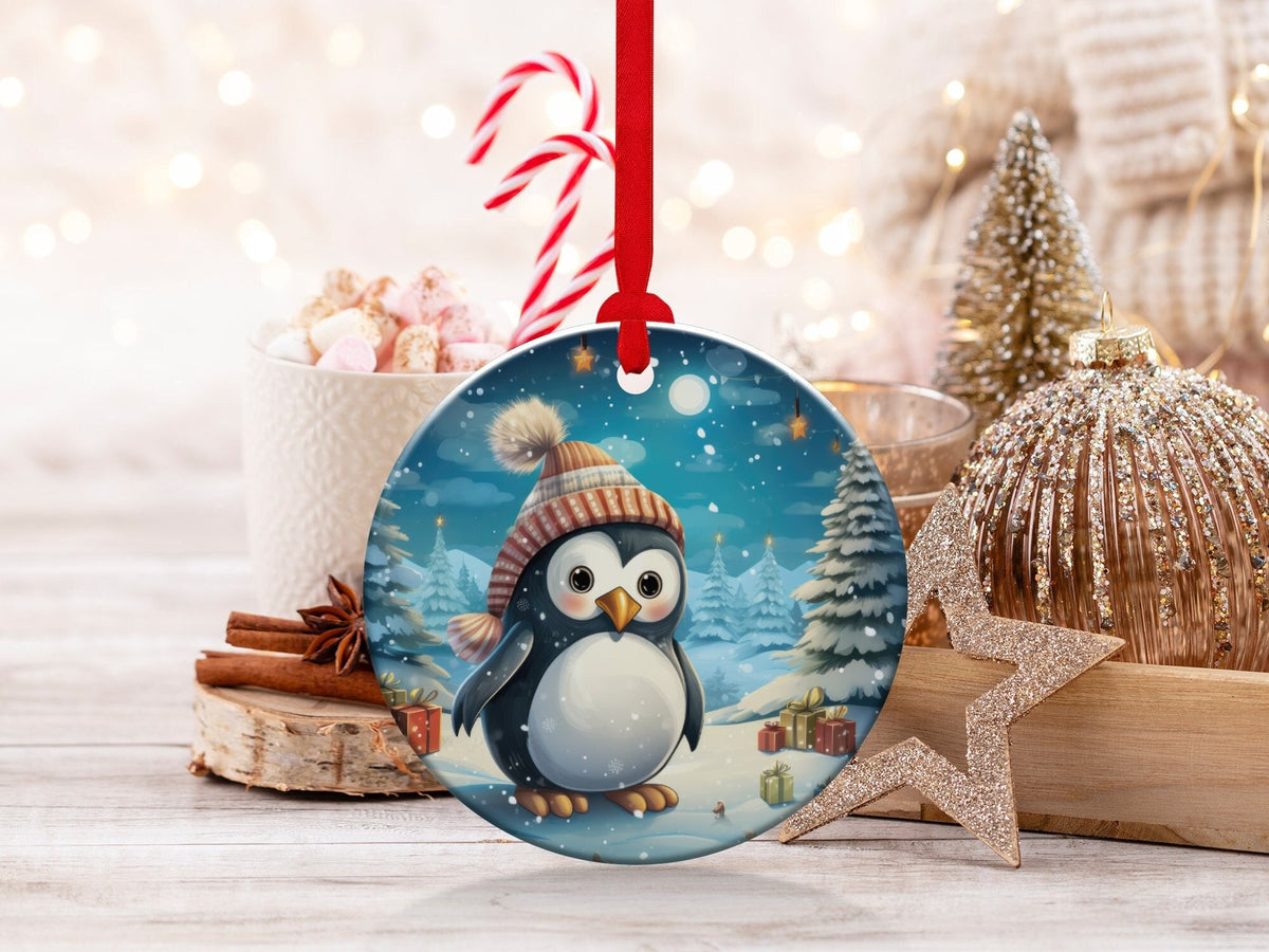 Christmas 2023 Ornament, Christmas Decoration, Holiday Gift Idea, Heirloom Keepsake, Round Ceramic, Gift Exchange, Gift Idea, Baby Penguin