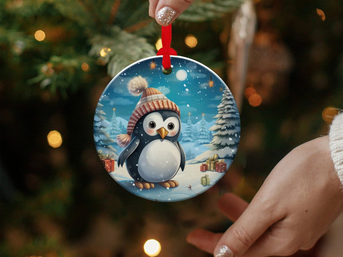 Christmas 2023 Ornament, Christmas Decoration, Holiday Gift Idea, Heirloom Keepsake, Round Ceramic, Gift Exchange, Gift Idea, Baby Penguin
