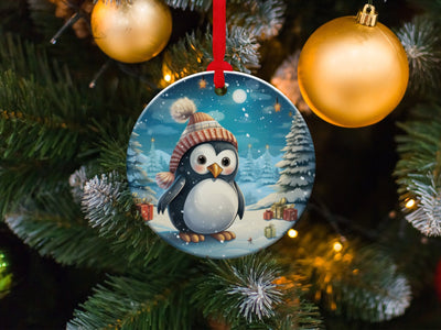 Christmas 2023 Ornament, Christmas Decoration, Holiday Gift Idea, Heirloom Keepsake, Round Ceramic, Gift Exchange, Gift Idea, Baby Penguin