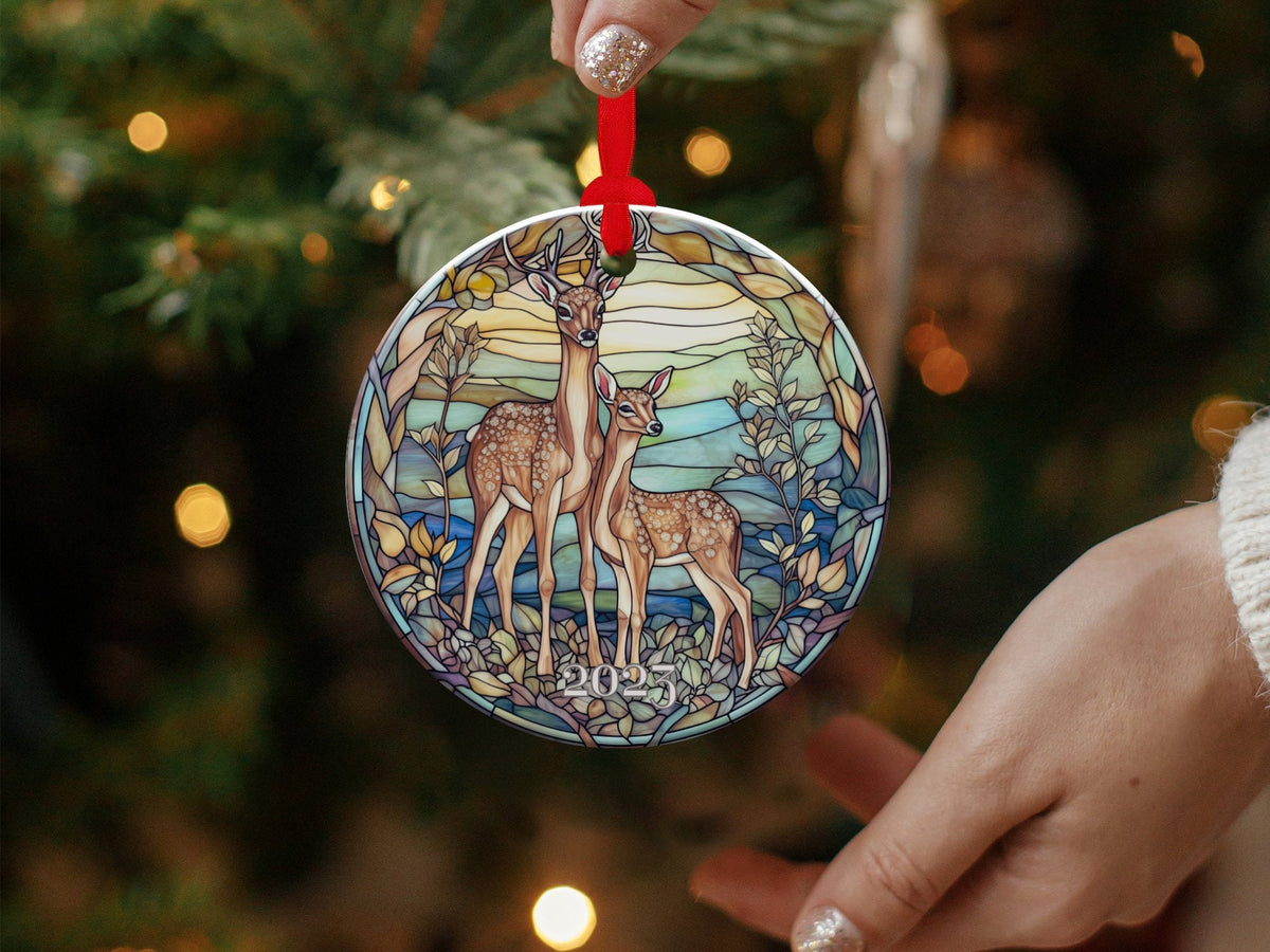 Deer Ornament, Reindeer Ornament, Christmas Decoration, Holiday Gift Idea, 2024 Heirloom Keepsake, Round Ceramic, Bauble Present