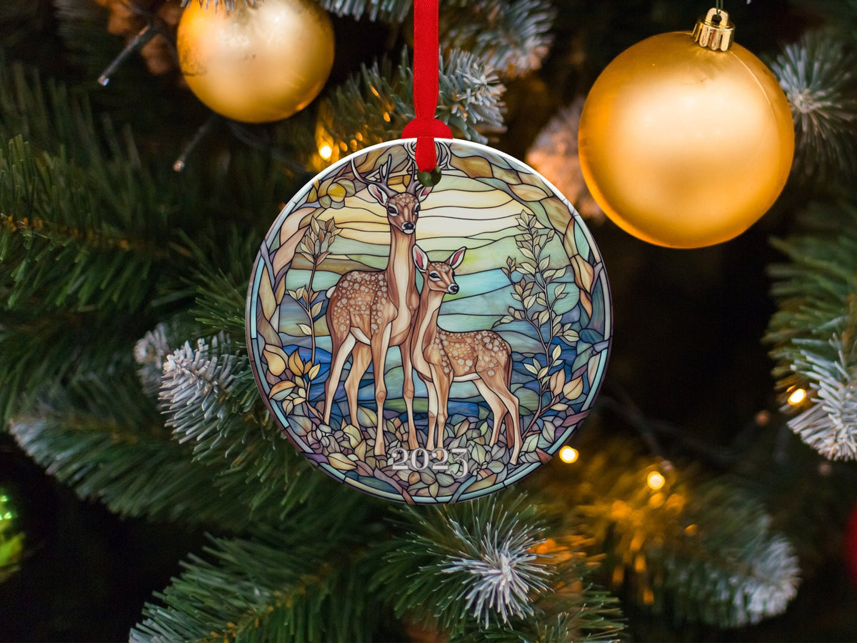Deer Ornament, Reindeer Ornament, Christmas Decoration, Holiday Gift Idea, 2024 Heirloom Keepsake, Round Ceramic, Bauble Present