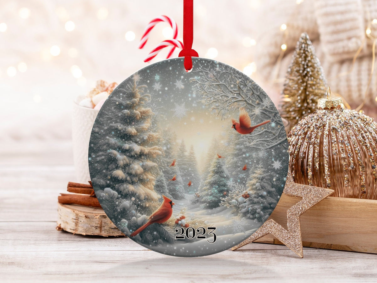 Christmas 2023 Ornament, Christmas Decoration, Holiday Gift Idea, Heirloom Keepsake, Round Ceramic, Gift Exchange, Gift Idea, Cardinals