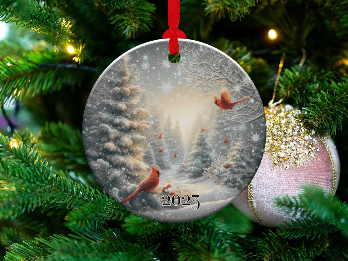 Christmas 2023 Ornament, Christmas Decoration, Holiday Gift Idea, Heirloom Keepsake, Round Ceramic, Gift Exchange, Gift Idea, Cardinals