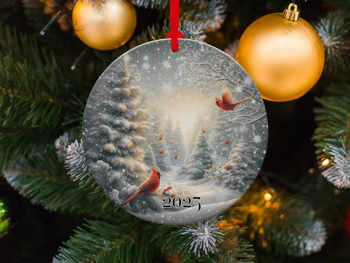Christmas 2023 Ornament, Christmas Decoration, Holiday Gift Idea, Heirloom Keepsake, Round Ceramic, Gift Exchange, Gift Idea, Cardinals