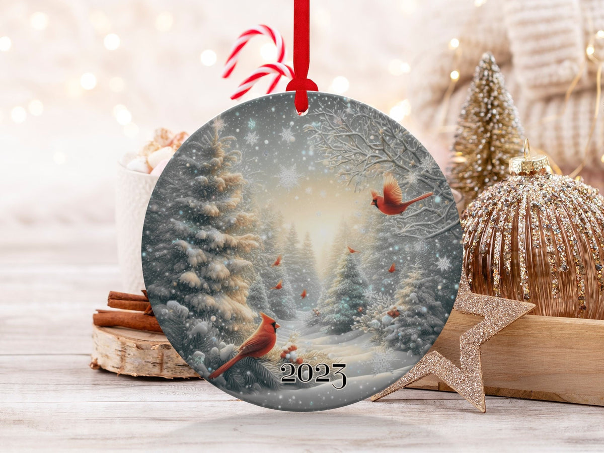 Christmas 2023 Ornament, Christmas Decoration, Holiday Gift Idea, Heirloom Keepsake, Round Ceramic, Gift Exchange, Gift Idea, Cardinals