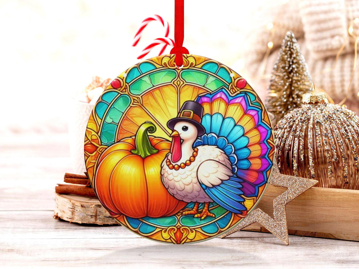 Thanksgiving Ornament, Colorful Turkey With Pumpkin Decor, Fall Season Home Decoration, Holiday Gift Idea, Cute Turkey Ornament