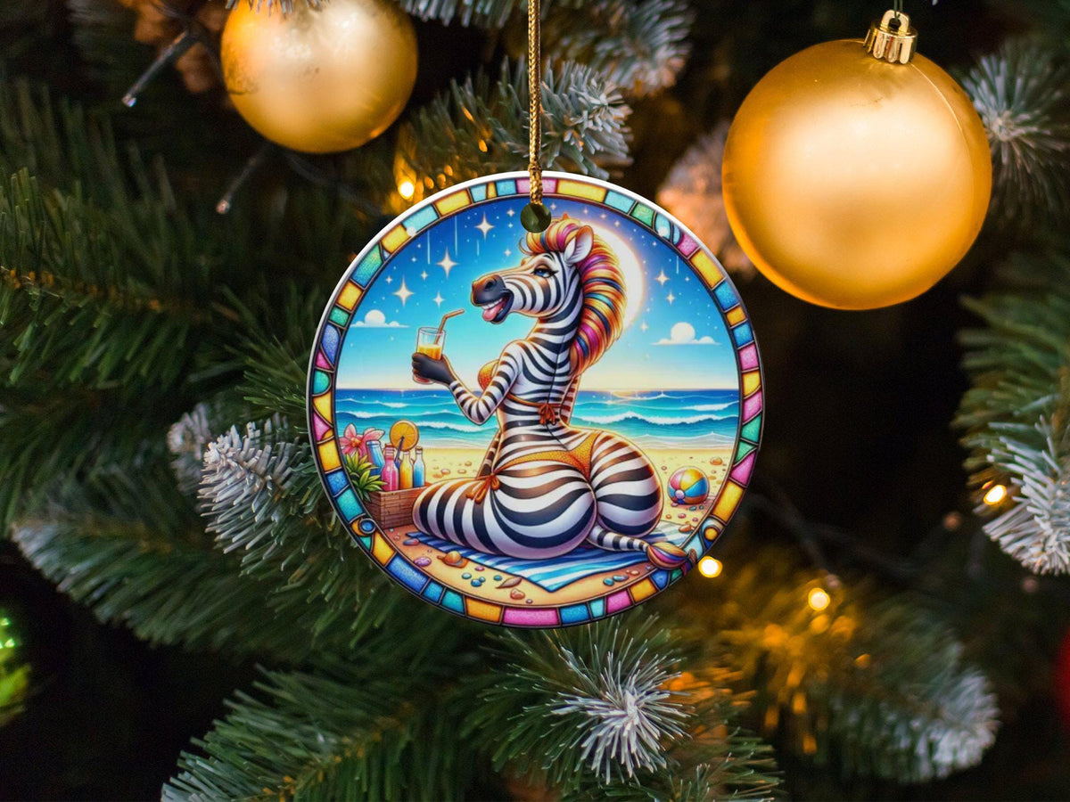 Christmas 2024 Ornament, Christmas Decoration, Holiday Gift Idea, Heirloom Keepsake, Round Ceramic, Gift Exchange, Gift Idea, Funny Zebra