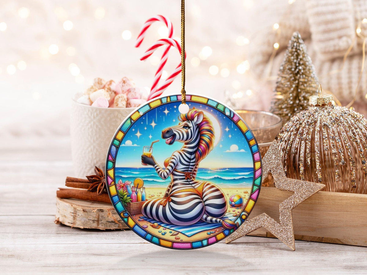 Christmas 2024 Ornament, Christmas Decoration, Holiday Gift Idea, Heirloom Keepsake, Round Ceramic, Gift Exchange, Gift Idea, Funny Zebra