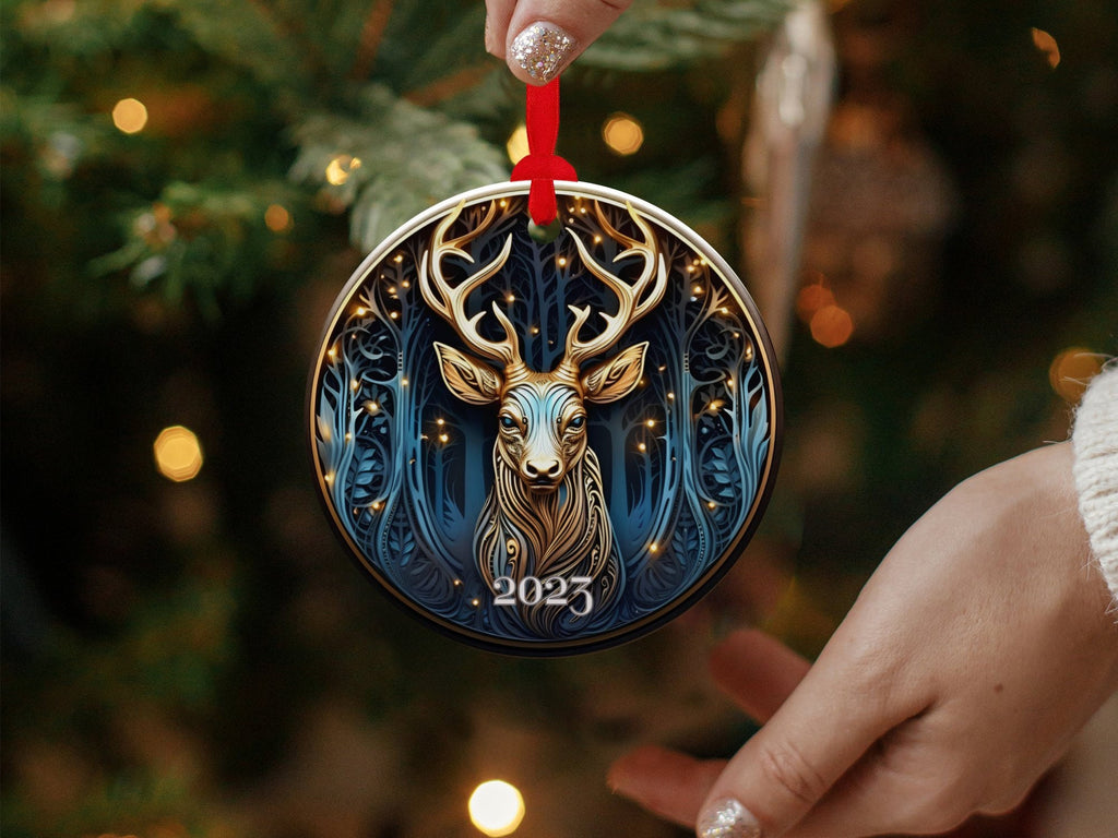 Deer Ornament, Reindeer Ornament, Christmas Decoration, Holiday Gift Idea, 2023 Heirloom Keepsake, Round Ceramic, Bauble Present