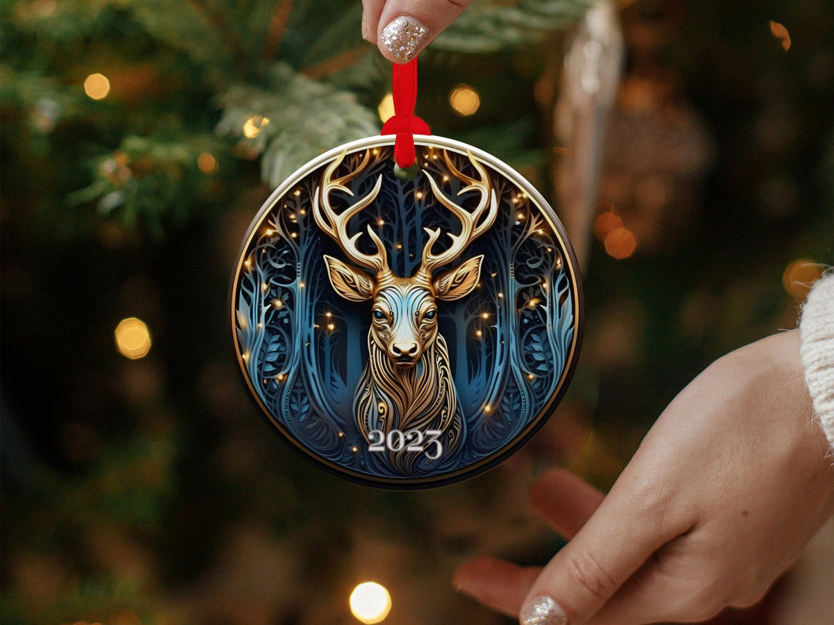 Deer Ornament, Reindeer Ornament, Christmas Decoration, Holiday Gift Idea, 2023 Heirloom Keepsake, Round Ceramic, Bauble Present
