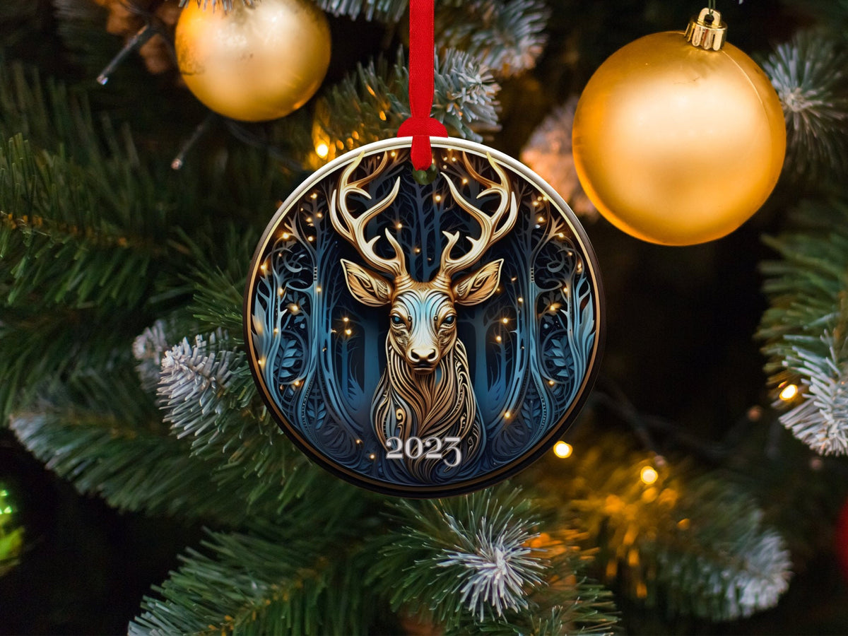 Deer Ornament, Reindeer Ornament, Christmas Decoration, Holiday Gift Idea, 2023 Heirloom Keepsake, Round Ceramic, Bauble Present