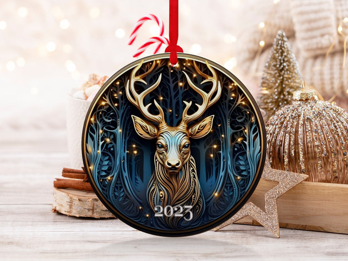 Deer Ornament, Reindeer Ornament, Christmas Decoration, Holiday Gift Idea, 2023 Heirloom Keepsake, Round Ceramic, Bauble Present