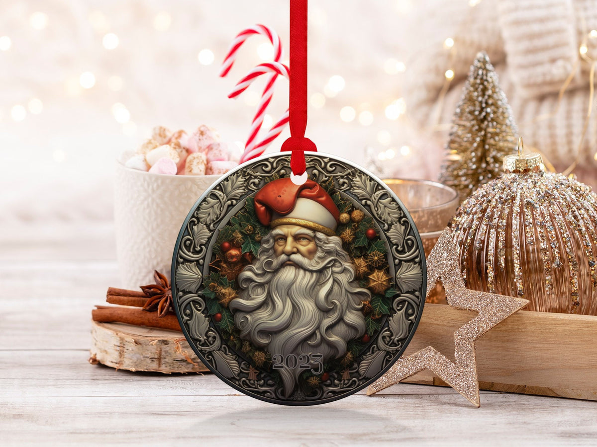 Santa 2024 Ornament, 2024 Christmas Decoration, Holiday Gift Idea, Heirloom Keepsake, Round Ceramic, Bauble Present, Vintage Santa