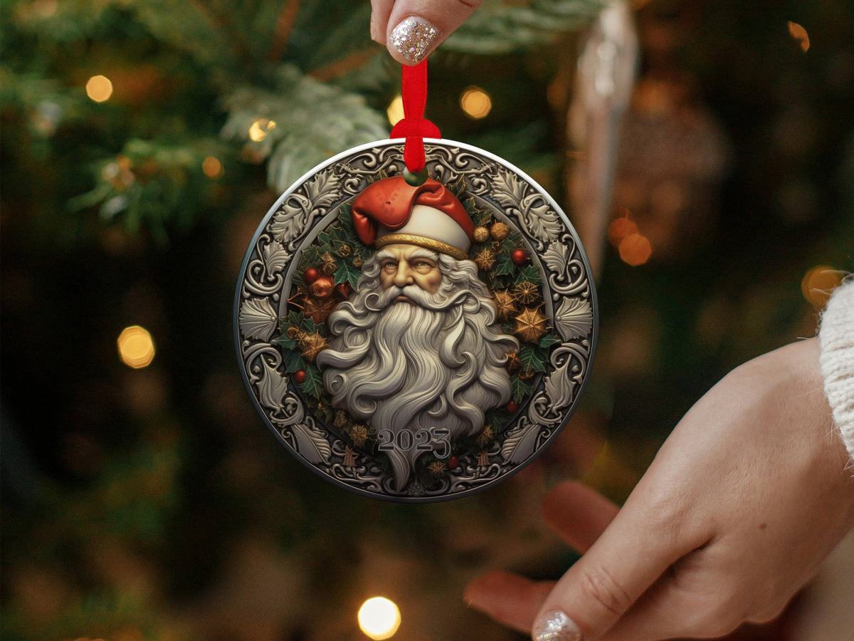 Santa 2024 Ornament, 2024 Christmas Decoration, Holiday Gift Idea, Heirloom Keepsake, Round Ceramic, Bauble Present, Vintage Santa